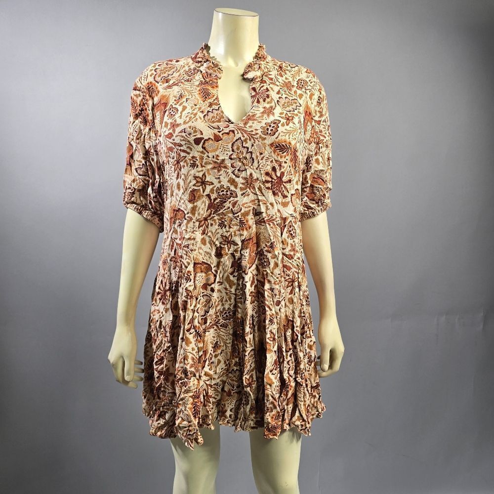 Olivaceous Brown and Tan Pleated Tunic with Mandarin Collar R7